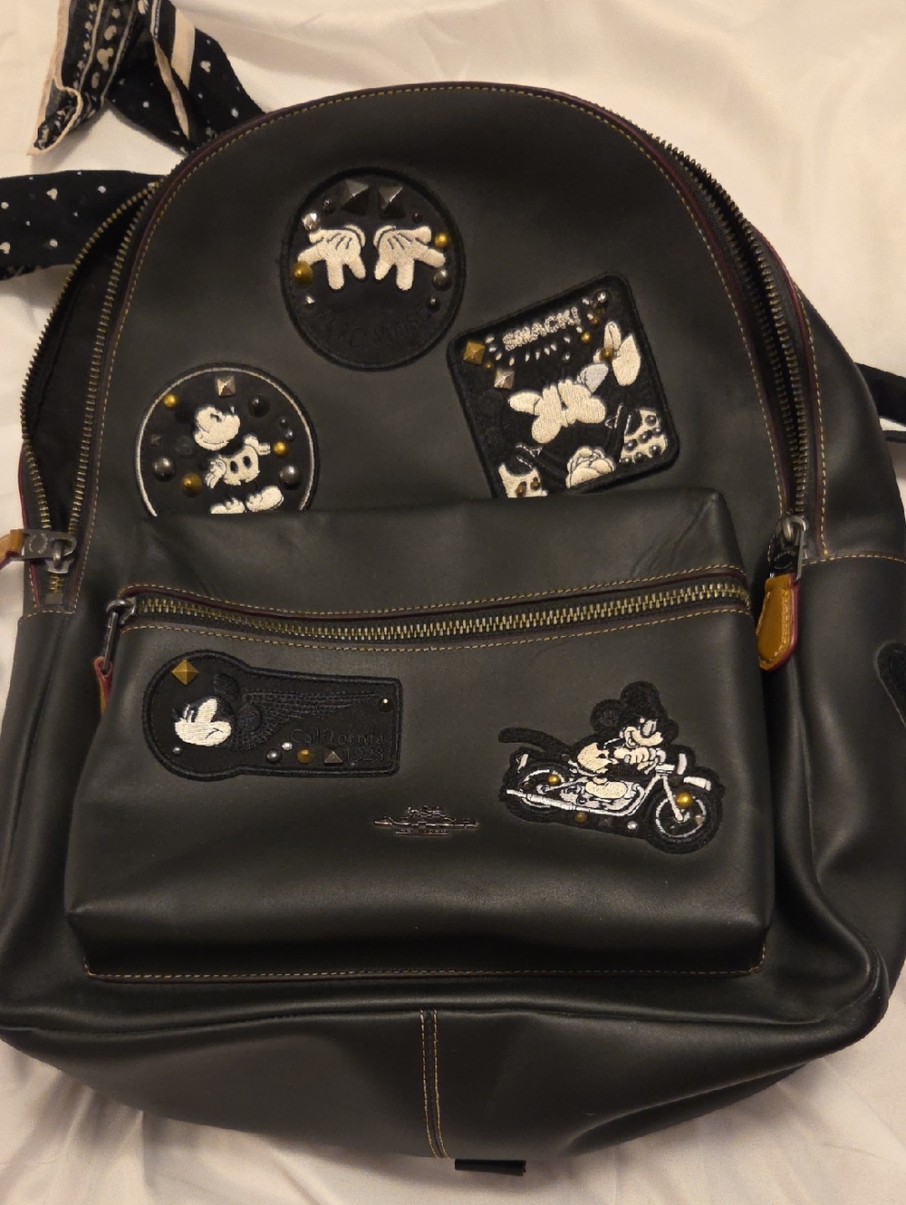 Coach Black Leather Mickey Patch Backpack with Gold Accents